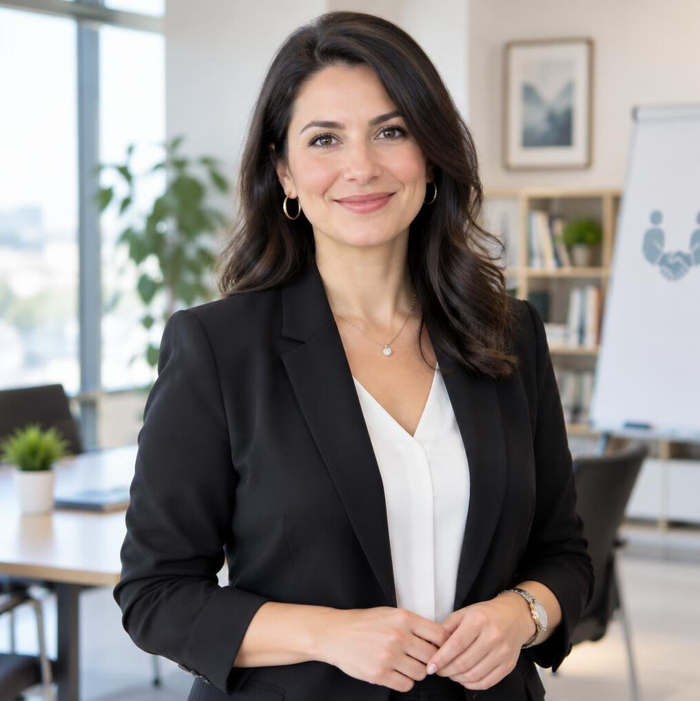 Turkish woman conflict resolution trainer smiling in an office