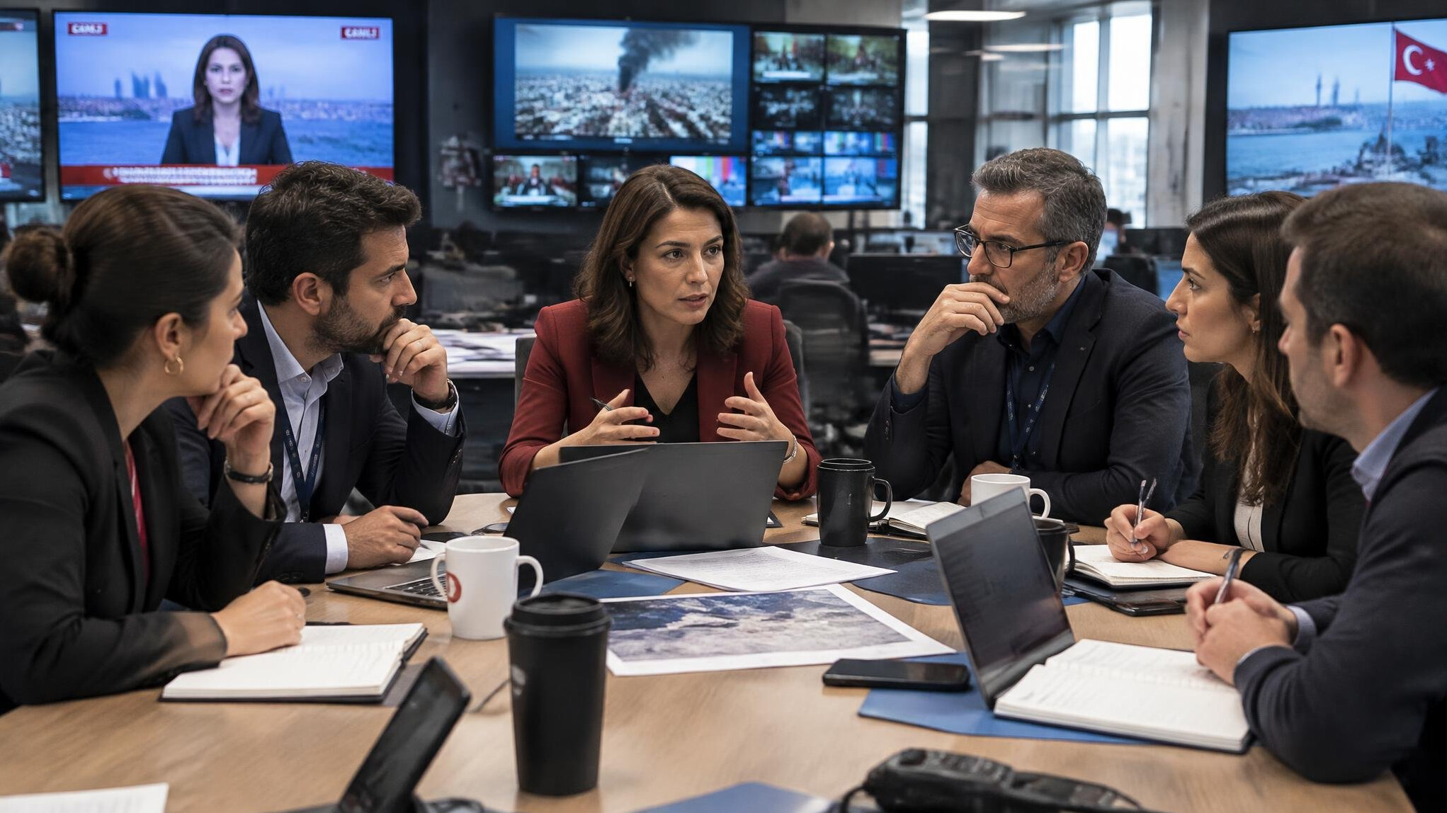 Diverse team meeting in a newsroom around a table with monitors
