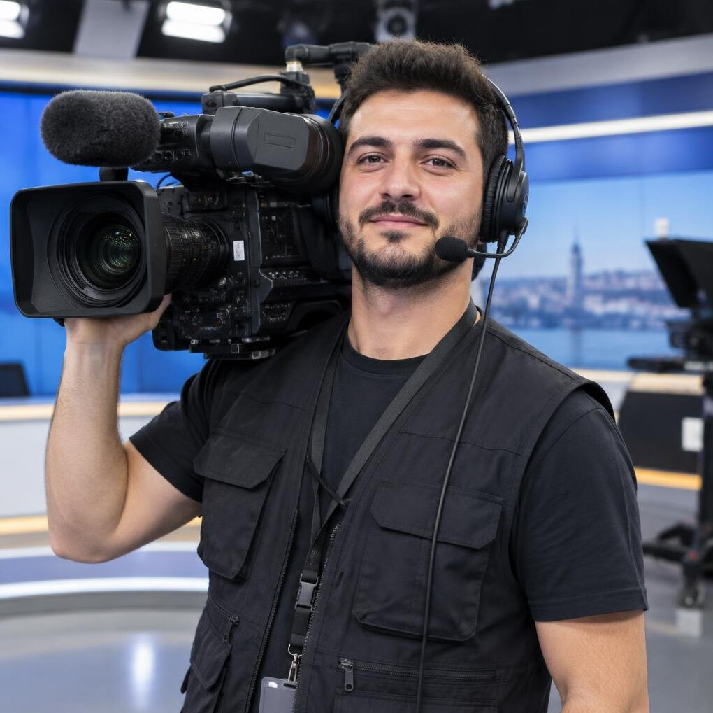 Turkish camera operator holding a professional broadcast camera in a studio