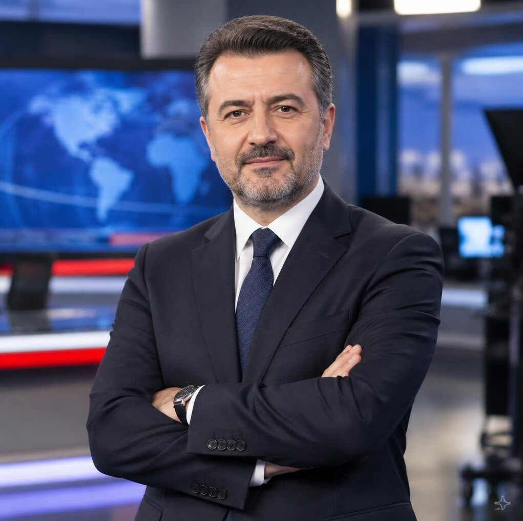 Turkish news director in a suit with arms crossed in a studio