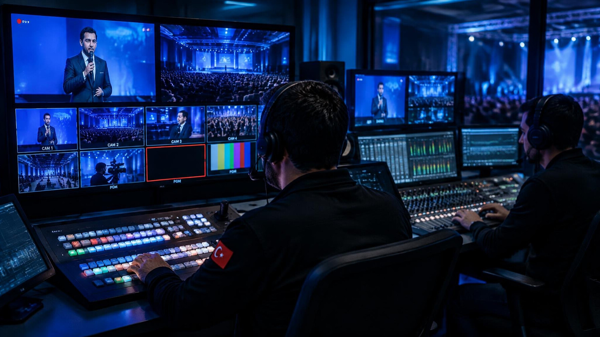 Broadcast control room with technical director and sound engineer at consoles