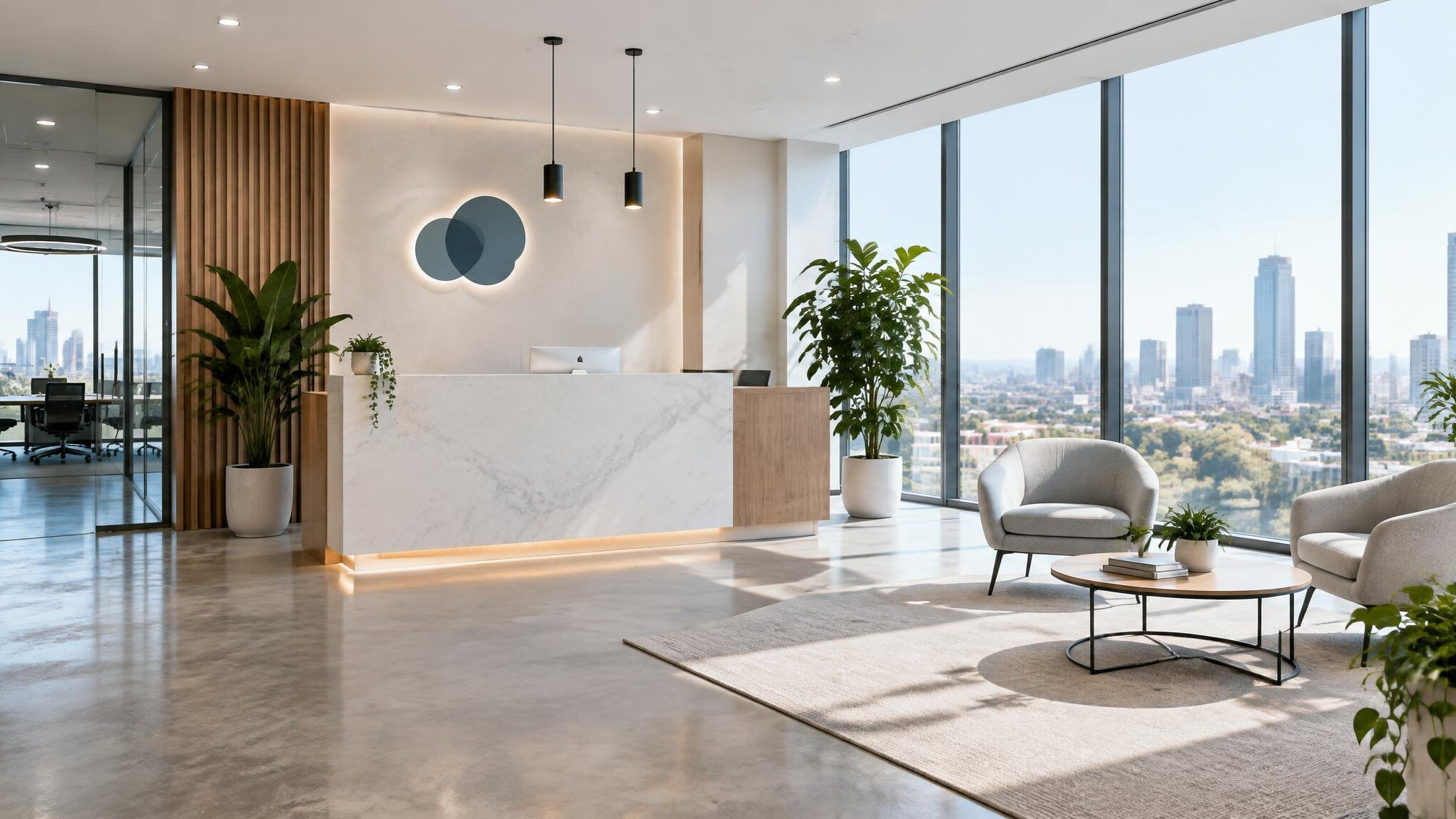 Modern media company office reception area with natural light