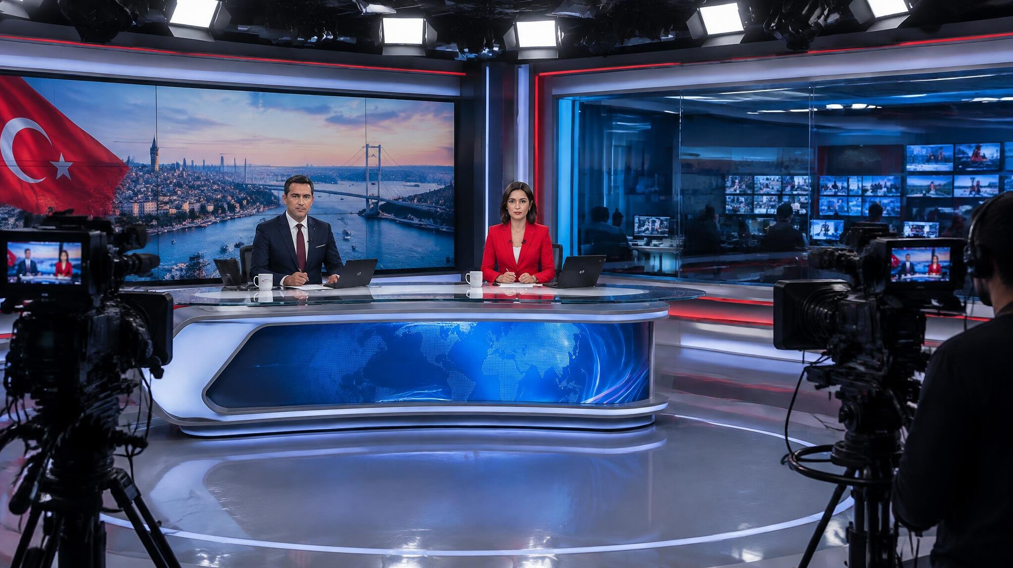 Live TV news studio with anchor desk and bright lighting