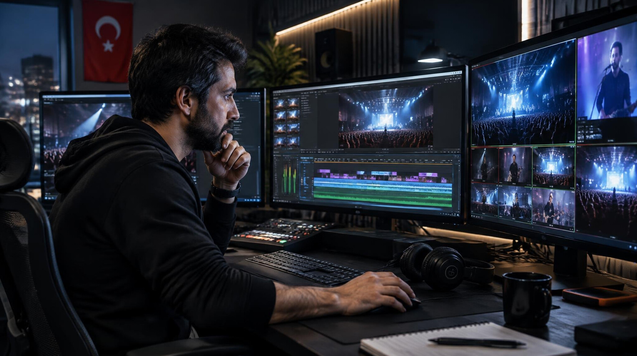 Editor reviewing broadcast footage on multiple monitors in an editing suite